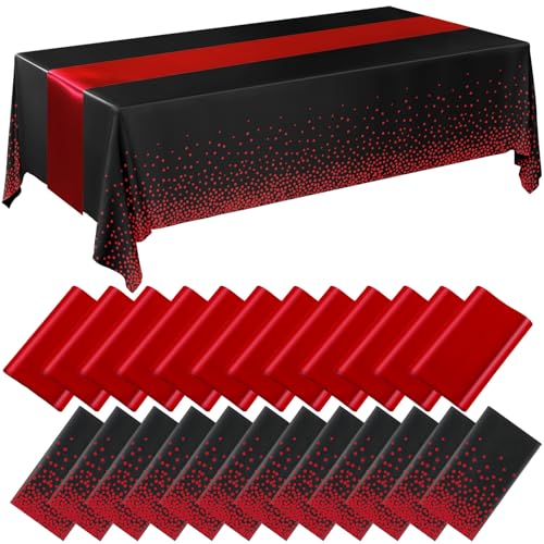 Image of Breling 24 Pack Black and Red Disposable Plastic Tablecloths and Satin Table Runner Set, 54 x 108 Inch Tablecloth, 12 x 108 Inch Table Runners for Wedding Graduation Birthday Baby Shower
