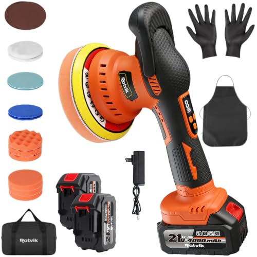 Rotvik Cordless Car Buffer Polisher Kit, 2x4000mAh 21V Batteries, 6-Inch Orbital Car Polisher, 8 Variable Speeds, LED Display, 18-Piece Accessories for Waxing, Polishing & Scratch Removal