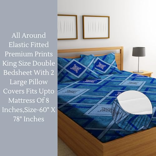 Image of DECORUM 280 TC Fitted Double Size, Elastic Bedsheet, 72x78 + 10 Inches Drop,with 2 Pillow Covers (Blue Zigzag)
