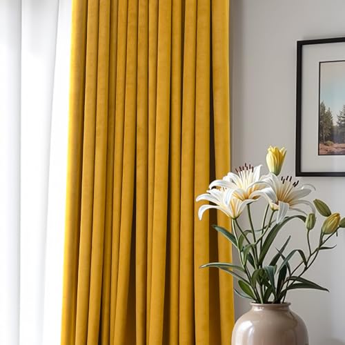 Image of Mustard Yellow Gold Velvet Curtain 84 Inch Long 2 Panel for Living Room Darkening Light Blocking Heat Resistant Warm Fall Drape for Patio Sliding Door French Window Vintage 52x84 Floor Length Back Tab