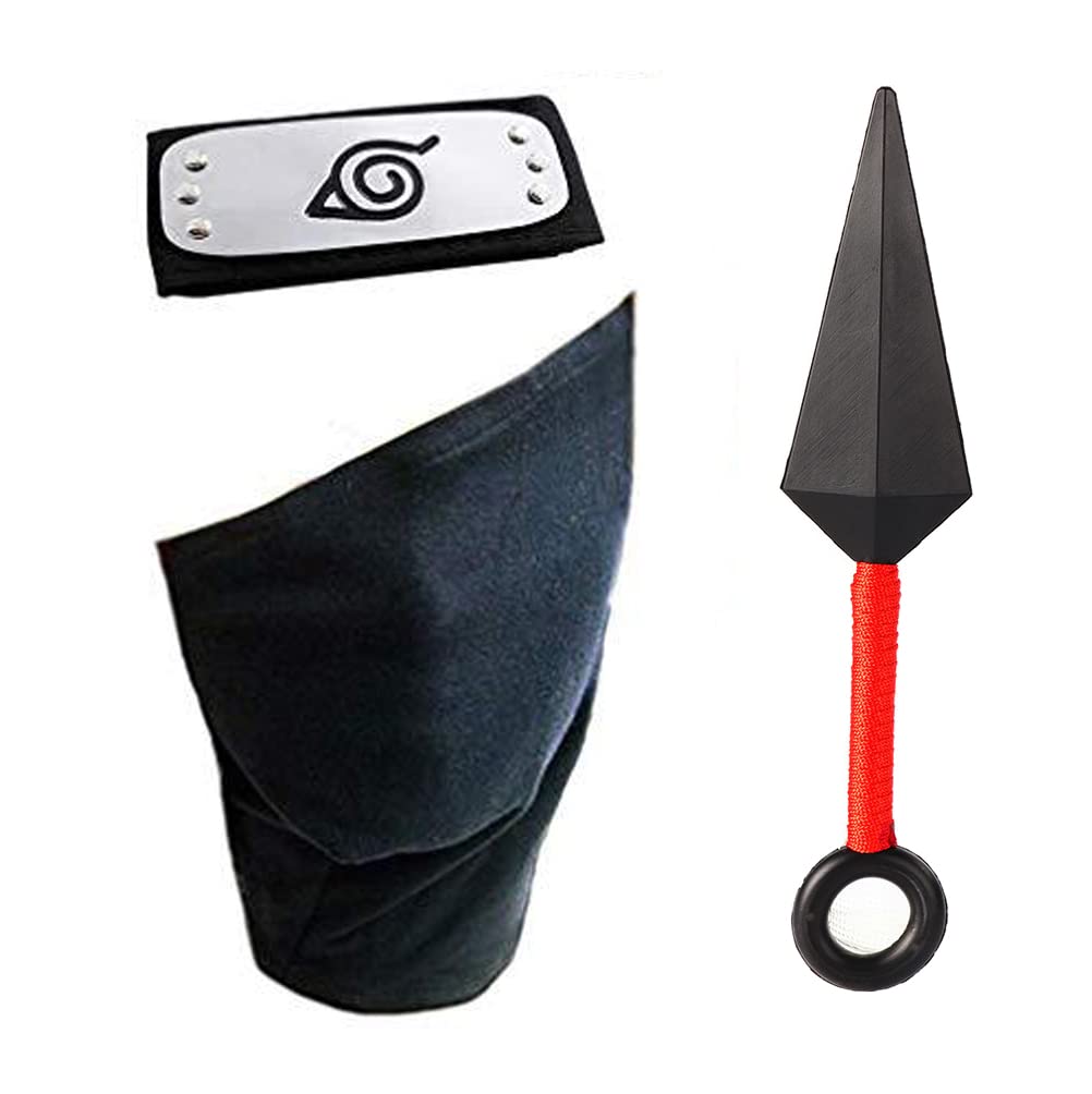 Aisnluk Anime Ninja Cosplay Headband with Ninja Face Mask Kakashi Cosplay Veil and Anime Portable Kunai Plastic Props10.2 inch for Ninja-Costume Cosplay