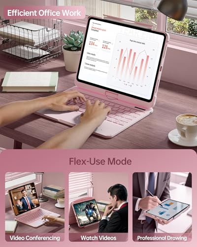 Image of Intermerge for iPad Air 11 inch Case with Keyboard Transparent(M4 /M3 /M2, 2026 /2025 /2024) & Air 5 /4 Gen, 360 Rotating Multi-Touch Trackpad, 7-Color Backlit Keyboard, Pencil Holder - Pink