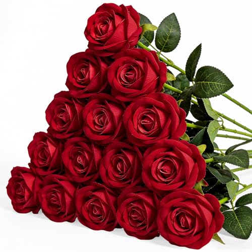 Riqiaqia 15 Stück Rot Künstliche Rosen Künstliche Blumen 52 cm Samtig Strukturiert Realistische Dekorative Künstliche Rosen Blumen für Hochzeit Haus Garten Dekoration