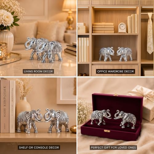 Image of DIVINITI 999 Silver Plated Elephant Pair Showpiece | Luxury Velvet Gift Box Included | Antique Finish Vastu Decor for Prosperity & Good Luck | Home, Office & Temple Decoration | 9.5 x 13 cm