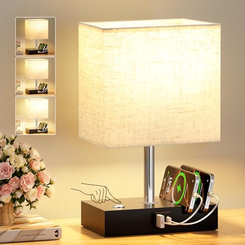 PreeOtti Beige Touch Lamp, Bed Side Lamp with 2 USB Charging Station, Black Metal Base (Bulb Included)