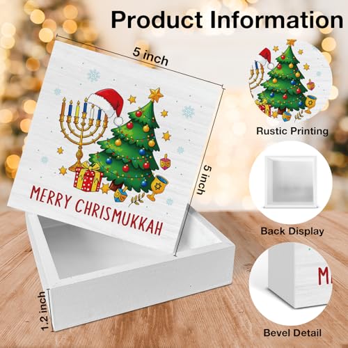 Image of Hanukkah Decor, Merry Chrismukkah Wood Box Sign, Jewish Gifts for Women, Rustic Hanukkah Decorations for Home Office Shelf 5 x 5 Inch