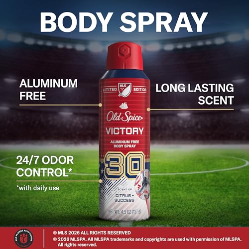 Image of Old Spice Aluminum Free Body Spray for Men, Victory MLS, 24 /7 Lasting Scent and Odor Control with Daily Use, Limited Edition, Citrus + Victory Scent, 4.5 oz