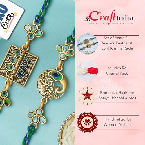 Image of eCraftIndia Beautiful Peacock Feather Lord Krishna Designer Rakhi Set of 2 | Rakhi for Brother Bhaiya Bhai with Best Bro Ever Fridge Magnet | Roli Chawal Pack