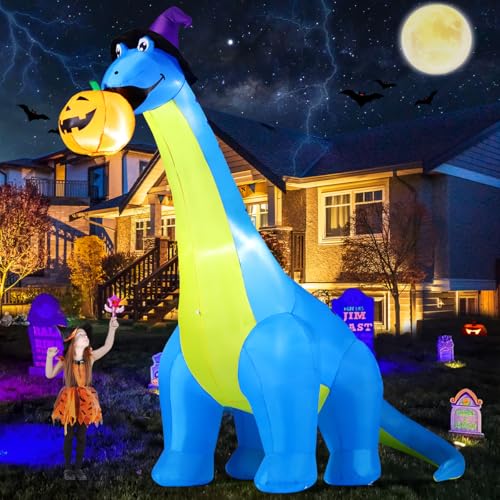 COMIN Halloween Inflatables Outdoor Decorations 10 FT Tall Dinosaurs Eating Pumpkin Blow Up Yard Decoration with Built-in LED for Yard Garden Party Lawn