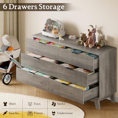 Image of BORNOON 53 inch Long Dresser for Bedroom, 6-Drawer Dresser with Fluted Fronts, Wide Wood Chest of Drawers, Smooth Metal Slides, Stable Base, Modern Clothes Storage Cabinet for Living Room, Hallway