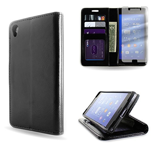 Sony Xperia Z3 Case, Flip Stand Faux Leather Wallet Pouch [CoverON Executive Series] Credit Card ID and Cash Pocket [Soft Touch Synthetic PU Folio Style] Phone Cover Case for Sony Xperia Z3 - Black