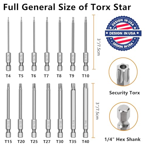 Image of MulWark 14PC Security Torx Bit Set 3 inch Long Tamper Proof Star Screwdriver Bit Set 1 /4 inch Hex Shank S2 Steel T4 - T40 Magnetic Impact Driver Drill Bits