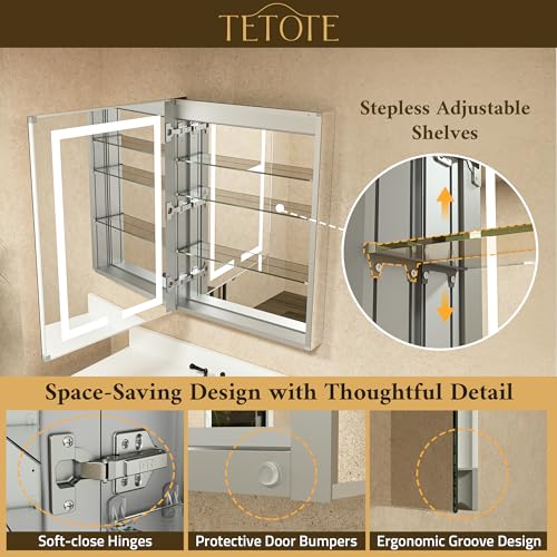 TETOTE LED Lighted Medicine Cabinet with Lights 30 x 26 Recessed or Surface Mount Cabinet Mirror for Bathroom Wall, 2 Door Tempered Glass Led Vanity Cabinet, Outlets & USB, 3-Color Dimming, Anti-Fog by TETOTE - Image 8