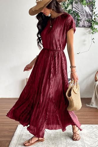 Image of CCTOO Womens Summer Maxi Dresses: Casual Short Sleeve Crewneck Slit Sundress Ruffle Pleated Long Flowy Party Cocktail Dress