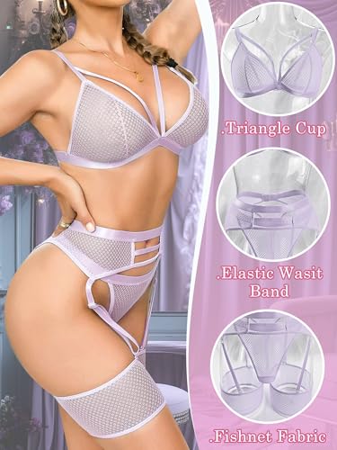 Image of popiv Women's Sexy Lingerie Set with Garter Belt Matching Bra and Panty Lingeries Sets 4 Piece