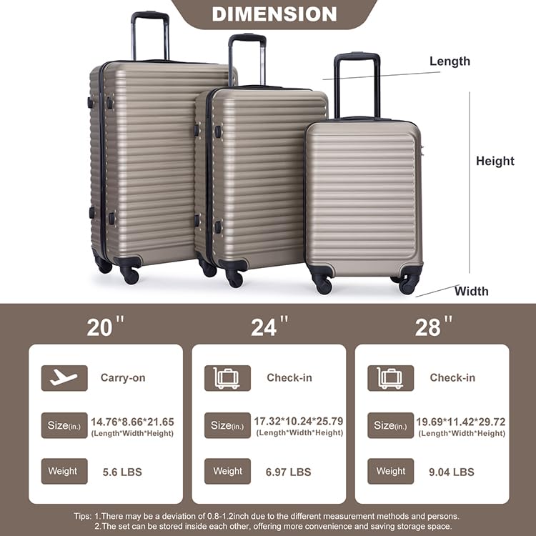 3 Piece Luggage Sets ABS Lightweight Suitcase with Two Hooks, Spinner Wheels, TSA Lock, (20/24/28) GOLD3