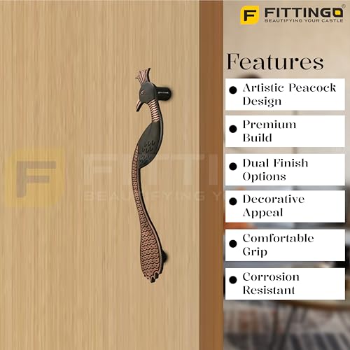 Image of Peacock Design Main Door Handle 15 Inch|Copper Antique Finish Pull Handle| Zinc Alloy Handle for Wooden & Glass Doors |Home, Office & Hotels | Hole-to-Hole 300mm | 3 Years Warranty | Set of 1