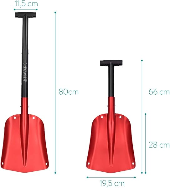 Navaris Pala de Nieve Plegable - Quitanieves con Mango Ajustable 80CM y Bolsa de Transporte - Pala para Quitar Nieve de Aluminio en Rojo y Negro - 3