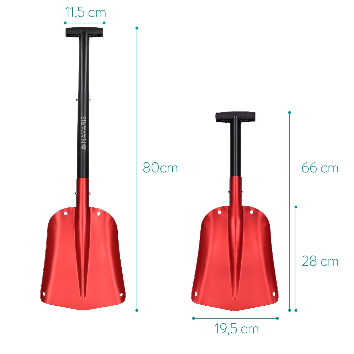 Navaris Pala da neve regolabile in alluminio 80cm - Vanga da giardino campeggio outdoor - Pala emergenza sopravvivenza auto con borsa - nero rosso