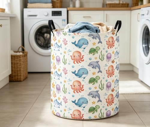 Image of Baby Laundry Basket Baby Nursery Hamper Kids Laundry Basket Toy Storage Bin for Boys Room Decor Gift Baskets for Bedroom Bathroom(Cute Ocean)