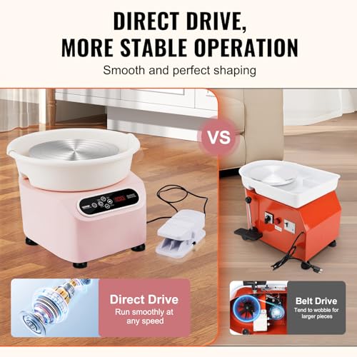 Image of VEVOR 25CM Pottery Wheel for Adults Beginners, Direct Drive Ceramic Pottery Wheel with LCD Touch Screen Foot Pedal 50-300RPM Adjustable Speed, 350W Electric Wheel for Pottery Art Craft DIY, Pink