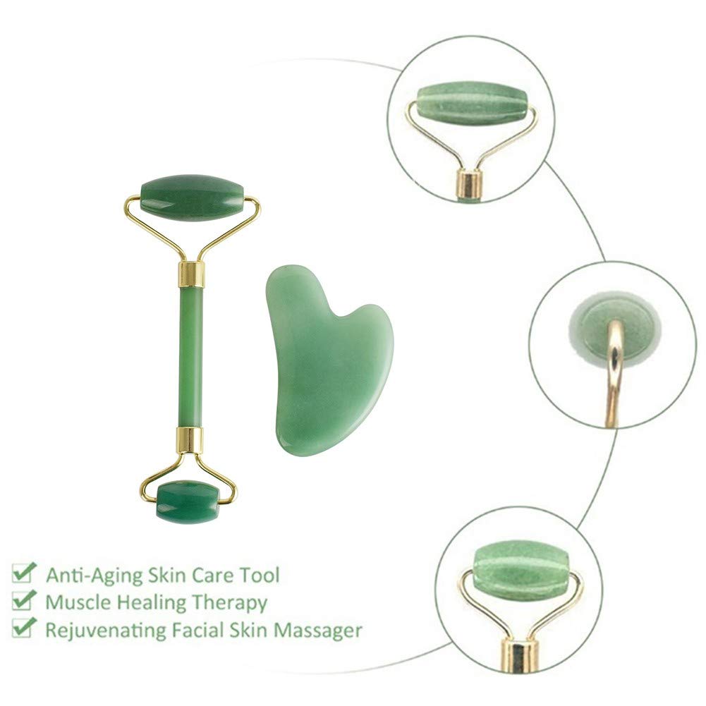 Masajeador con rodillo de jade Cara Gua Sha Set Crema for el cuidado de la piel Terapia antienvejecimiento Piedra de jade natural Herramientas antiarrugas y rejuvenecedoras de la piel for cara Ojo Cue