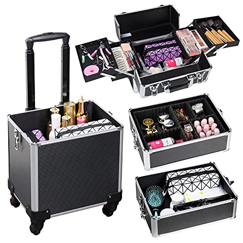 Yaheetech 4 in 1 Aluminum Rolling Makeup Train Case Cosmetic Trolley Professional Artist Train Case Organizer Box Makeup Travel Case, with 4 Detachable Removable Wheels, Black