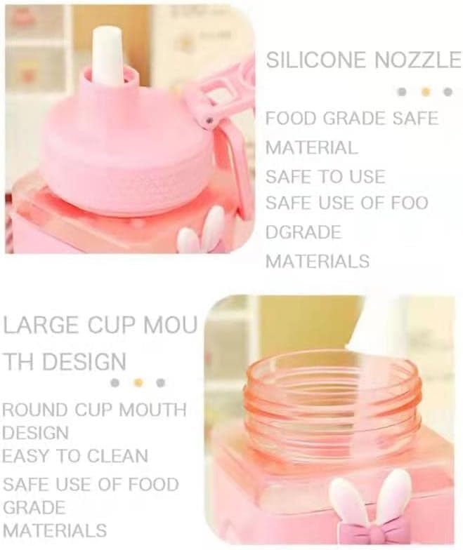 Vista 5 de Kawaii Water Bottle with Straw Cute Large Water Bottles with Kawaii Stickers Aesthetic Leakproof Square Drinking Bottle (Pink)