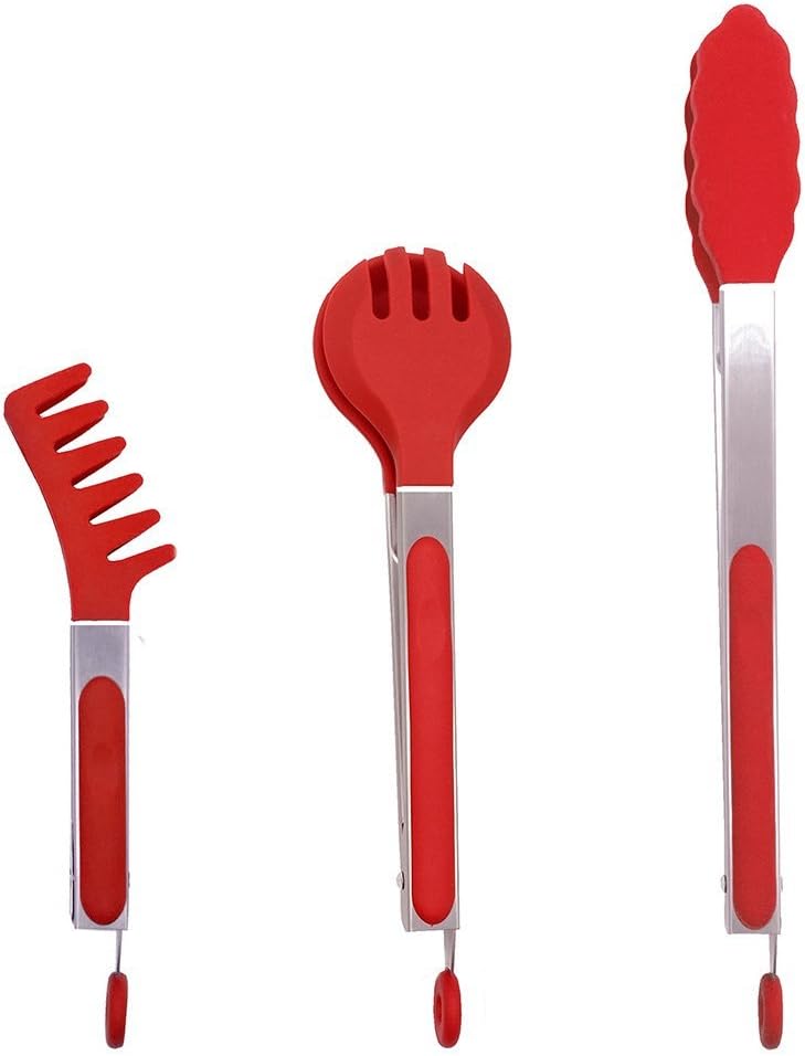 Set of 3 Stainless Steel Food Tongs with Silicone Tips, CNYMANY 3 Types 8" 10" 13" Heavy Duty Non-Stick Clamp Clip for Kitchen BBQ Cooking Grilling Buffet Noodles Salad Steak - Red