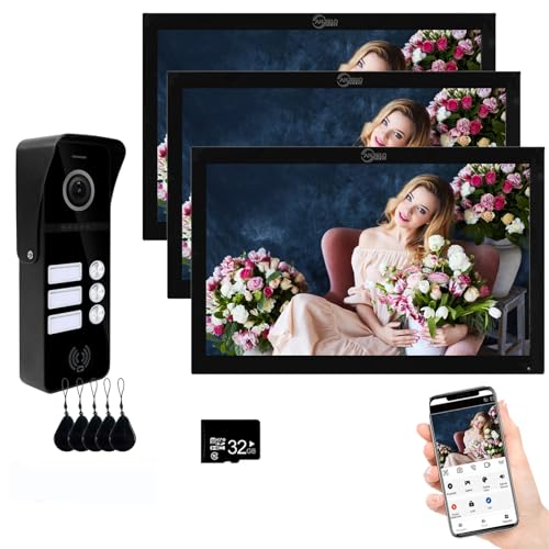 Wired Apartment Video Doorbell 3 Units 10 Inch Touch Monitor Video Doorbell System,Tuya WiFi Video Door Phone Kit,Monitoring,IC Card Unlocking,Motion Detect for Home (Black doorbell+black monitor)