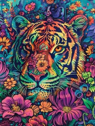 Broderie diamant de haute précision : grand format cristal tigre et fleurs 90x120