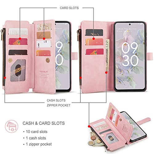 Kowauri Case For Google Pixel 7,Pu Leather Wallet Folio Flip Case Zipper Pocket Card Holder Slots Shockproof Protective Phone Case With Wrist Strap For Google Pixel 7 2022 (Pink) #TOP3