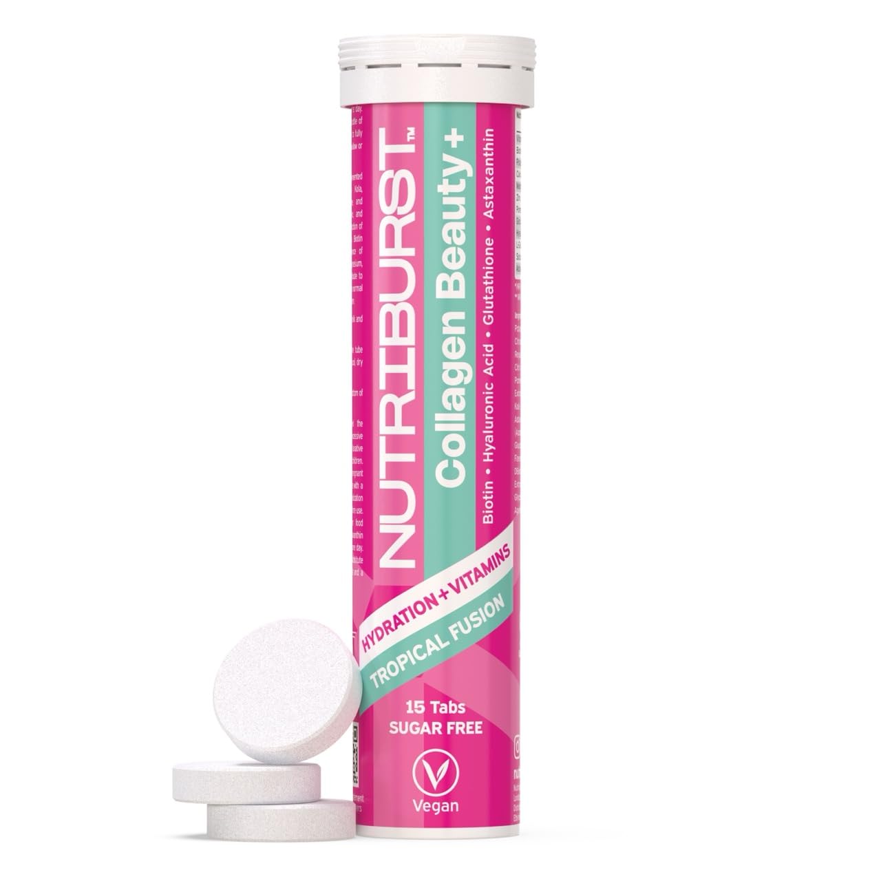 Nutriburst Collagen Beauty+ Effervescent Tablets - Vitamin C, Zinc & Biotin with Hyaluronic Acid - Hydration & Vitamins - Sugar Free, Vegan, Halal & Kosher - 15 Tablets