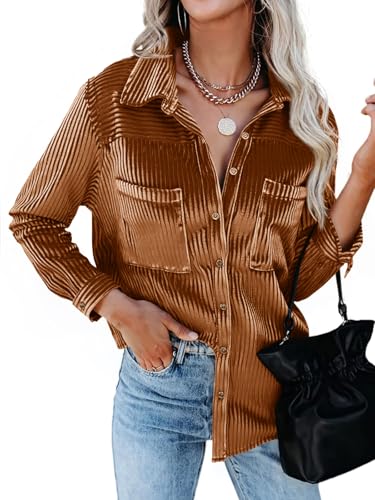 Cicy Bell Womens Velvet Button Down Shirt Casual Long Sleeve V Neck Collared Tops Fall Shacket Jacket with Pockets