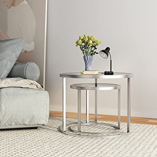 Silver Nesting Coffee Table Set Of 2, Modern Tempered Glass End Table,Metal Frame Side Table,Glass Table For Living Room, Office,Home Decor, Silver #TOP5