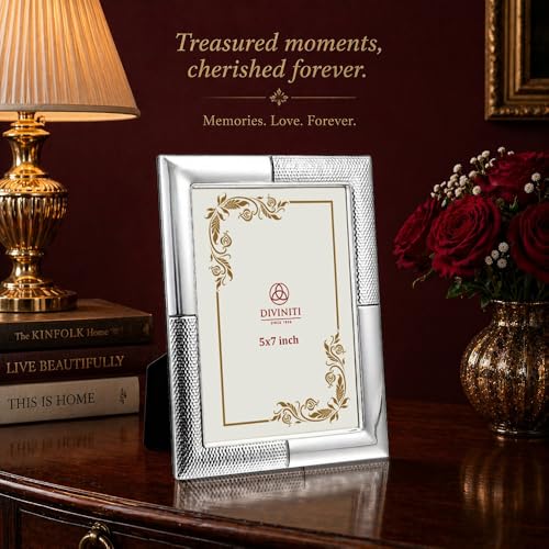 Image of DIVINITI German Silver Photo Frame 5x7 Inch | Luxury Silver Plated Picture Frame for Table & Desk Decor | Elegant Textured Border Design with Stand | Premium Gift Frame for Home & Office