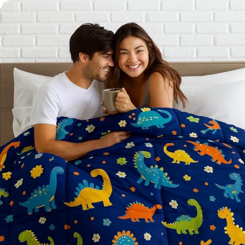 Image of 200 GSM 400 TC Kids Glace Cotton Reversible Cartoon Printed Double Bed King Size Comforter with Matching Bedsheet 90 * 100 with 2 Pillow Covers Set of 4 Pieces (Blue Dinosaur)