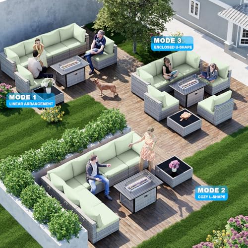 Image of Outdoor PE Wicker Rattan Modular Patio Sectional Sofa Set | 8-Piece: 6 Modular Seats, Coffee Table & 55,000 BTU Fire Pit Table, Light Green