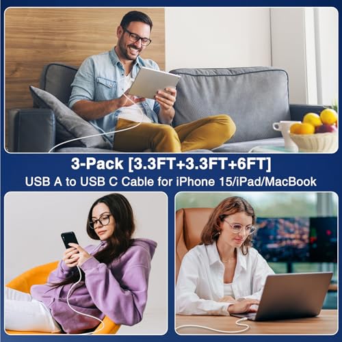 Car Carplay Cable for iPhone 17 16 15 ，3-Pack [3.3FT+3.29FT+6FT] USB A to USB C Cable for iPhone 17 16 15，for iPad Pro/Air/Mini，for Galaxy S25 S24，for MacBook Pro/Air and More