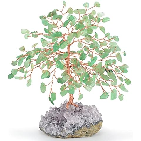 MASGEMES Chakra Gemstone Crystal Tree of Life,Natural Green Aventurine Jade Tree with Amethyst Cluster Base,Feng Shui Decor Bonsai Money Tree,Home Decor for Luck and Wealth 5.5"-6.3" Cover