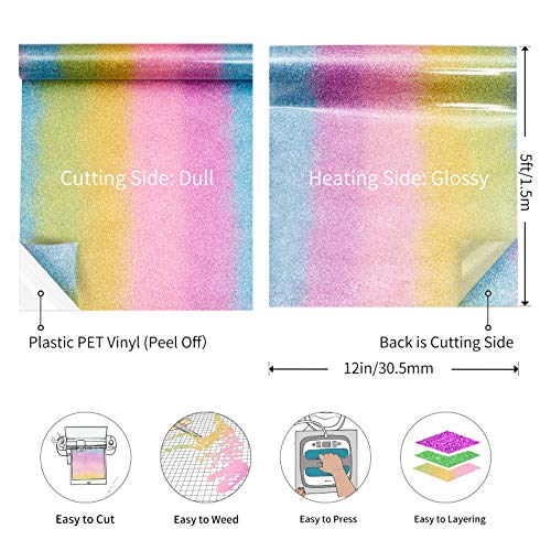 TransWonder Glitter Heat Transfer Vinyl - 12in x 5ft Glitter Iron on Vinyl HTV Vinyl for Cricut T Shirts (Rainbow)