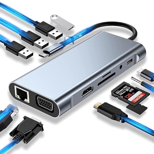 Image of Black-r 11-in-1 USB C Hub Multiport Adapter Aluminum Shell with 1000M LAN Ethernet Port and HDTV 4K, VGA Port, Type-C Port, 4 USB 3.0 Port, Audio Port and SD /TF Card Reader Port Type C Hub