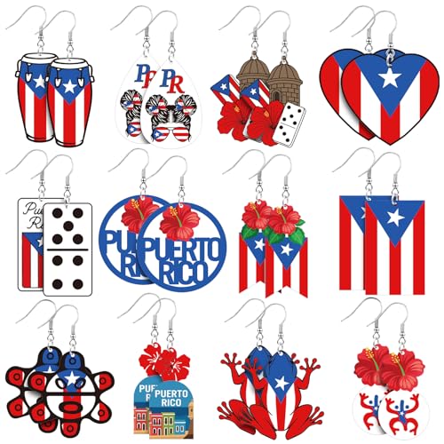 Unittype 24 Pairs Puerto Rico Earrings Set for Women Wooden Dangle Earrings Gifts Puerto Rico Flag Patriotic Jewelry for July 4th Party Souvenirs
