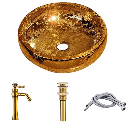 Gold Vessel Sink Bowl With Brushed Gold Faucet And Drain Combo For Bathroom #TOP13