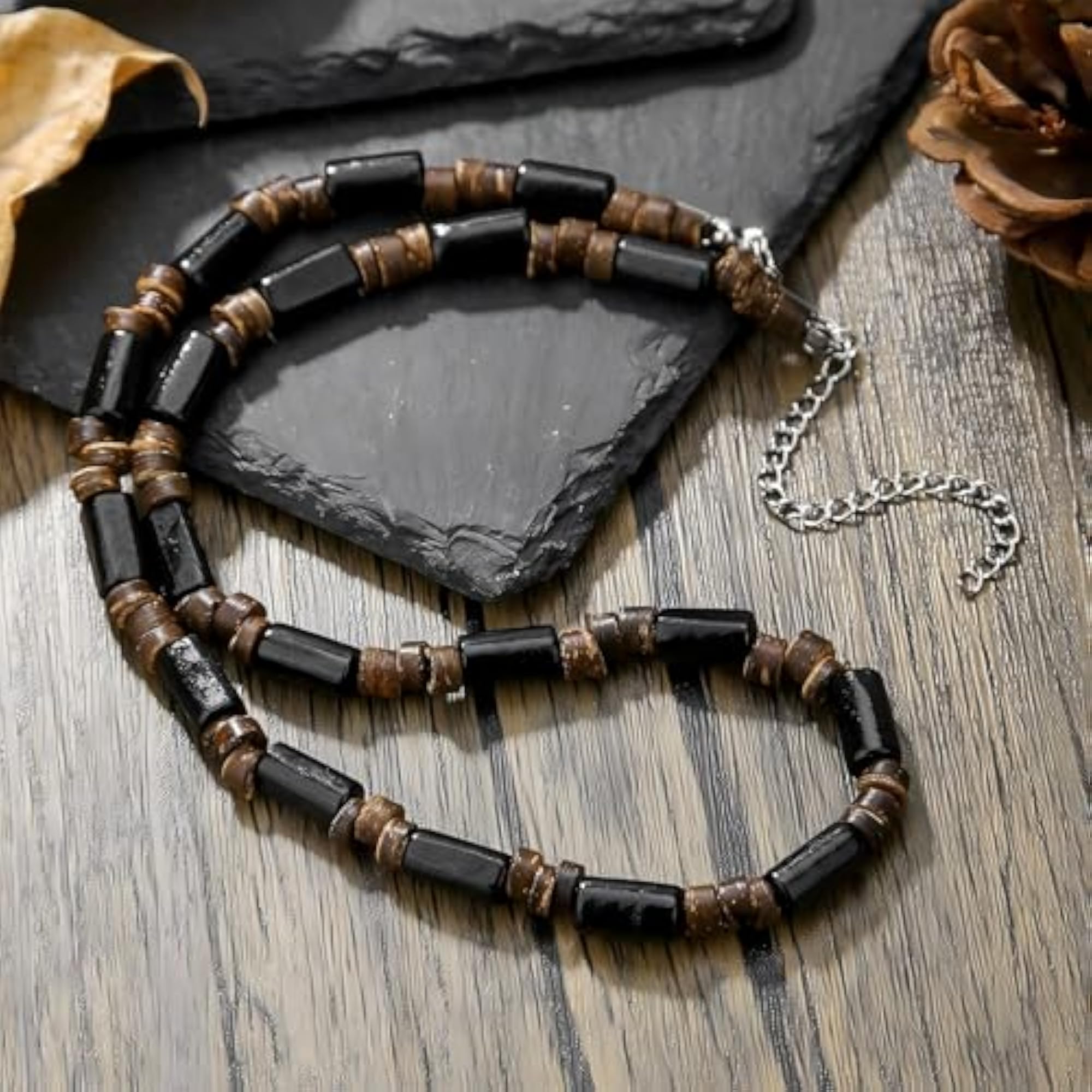 Men's Surfer Beaded Choker Necklace, Puka Shell & Wood Beads
