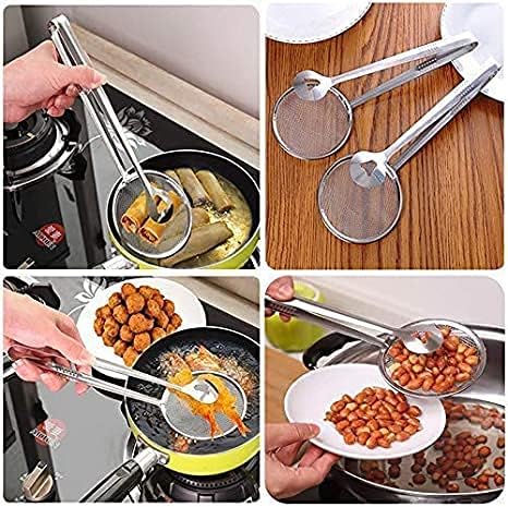 Darshan exim Store Steel 2 in 1 Multi Functional Deep Fried Clip/Tong/Strainer/Stir Frying Pan Tool/Kitchen Oil Food Serving Spoon for Oily Snack Cooking - Silver Color - [Premium Edition]