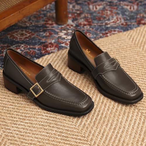 Image of MOOMMO Women Chunky Heel Penny Loafers Square Toe Buckle Slip On Comfort | Office Ladies Loafer Pumps 2 inch Stacked Block Heel Dress Loafers Oxfords Walking Dress Shoes Casual Size 4-11 M US