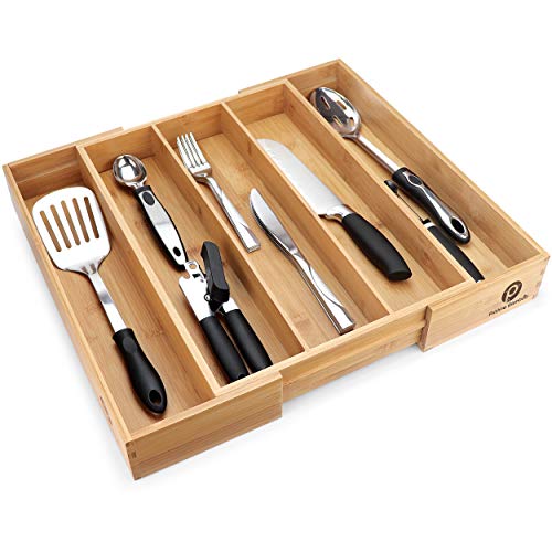 PRISTINE BAMBOO Silverware Tray for Drawer Organizer - Kitchen Drawer Organizer - Cutlery Organizer in Drawer - Silverware Organizer, Flatware Silverware Holder, Expandable Adjustable Wooden Dividers (5-slots)