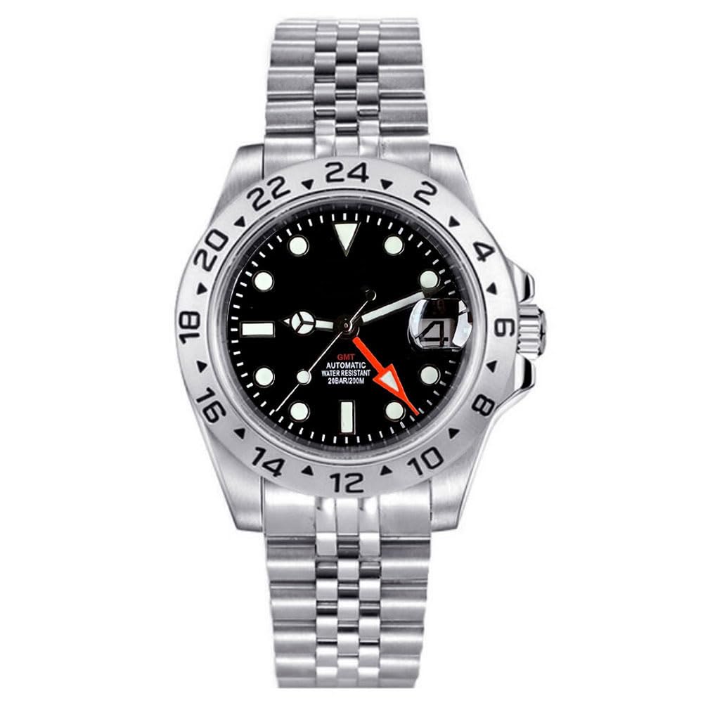 39 mm klassische NH34 Herren-Armbanduhr, automatisch, mechanisch, GMT, schwarzes Zifferblatt, Edelstahl, Saphirglas, wasserdicht