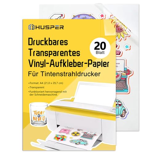 HUSPER Bedruckbares transparentes Vinyl-Aufkleberpapier für Tintenstrahldrucker, A4, 20 Blatt, nicht wasserdicht, transparentes Aufkleberpapier für Bastelarbeiten, Etiketten, Abziehbilder